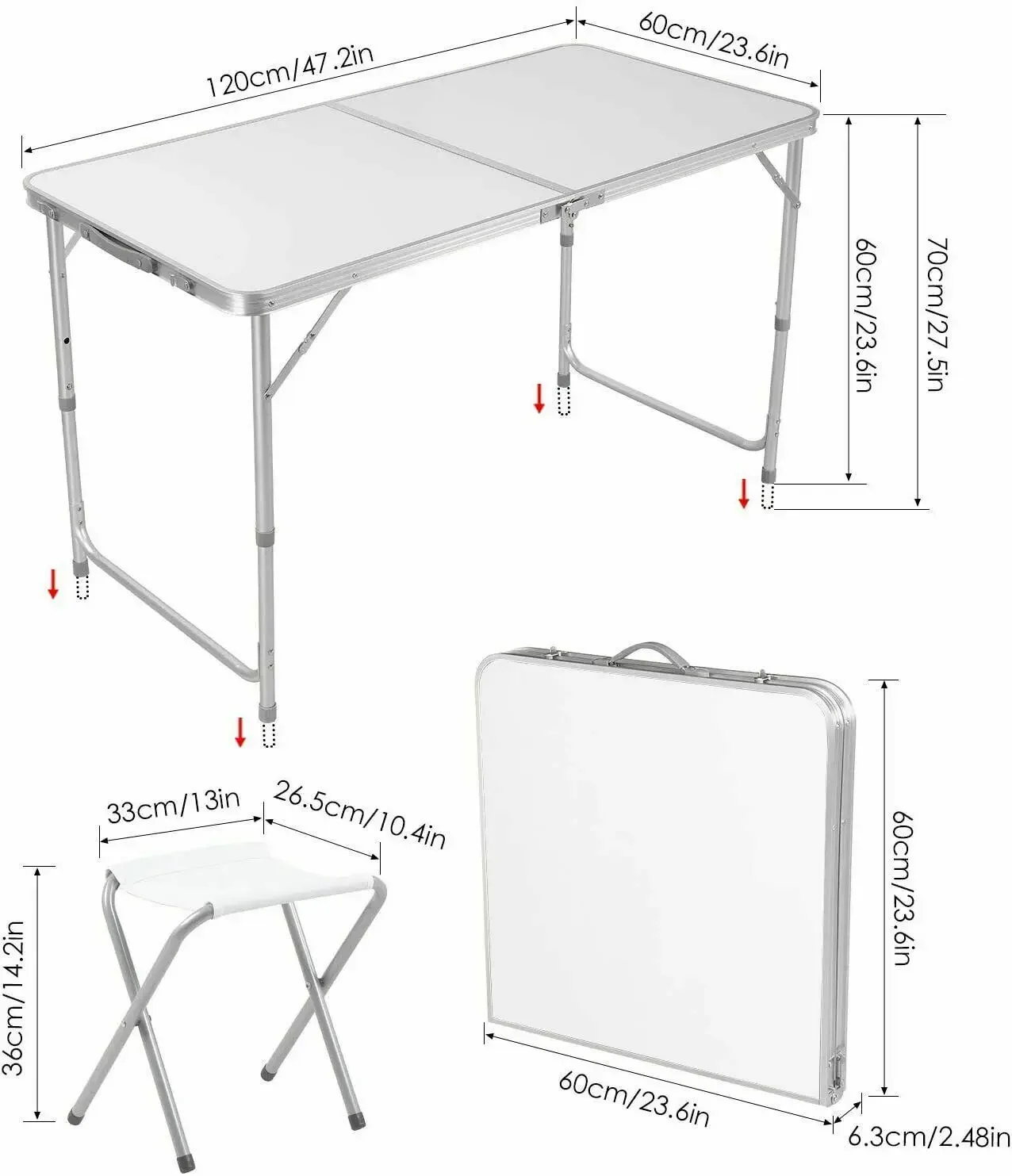 Tavolo pieghevole Set da 5 pezzi Tavolo da campeggio in alluminio 120 cm pieghevole con 4 sgabelli Mobili da esterno Tavolo da picnic e sedia portatili