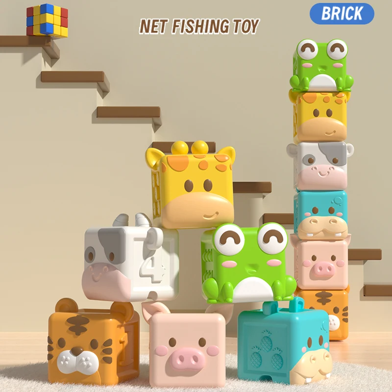 Baby Soft Building Blocks Toys Soft Teething Toy for Babies 3D Cube Animal Bath Toys Baby Early Educational Matching Sensory Toy