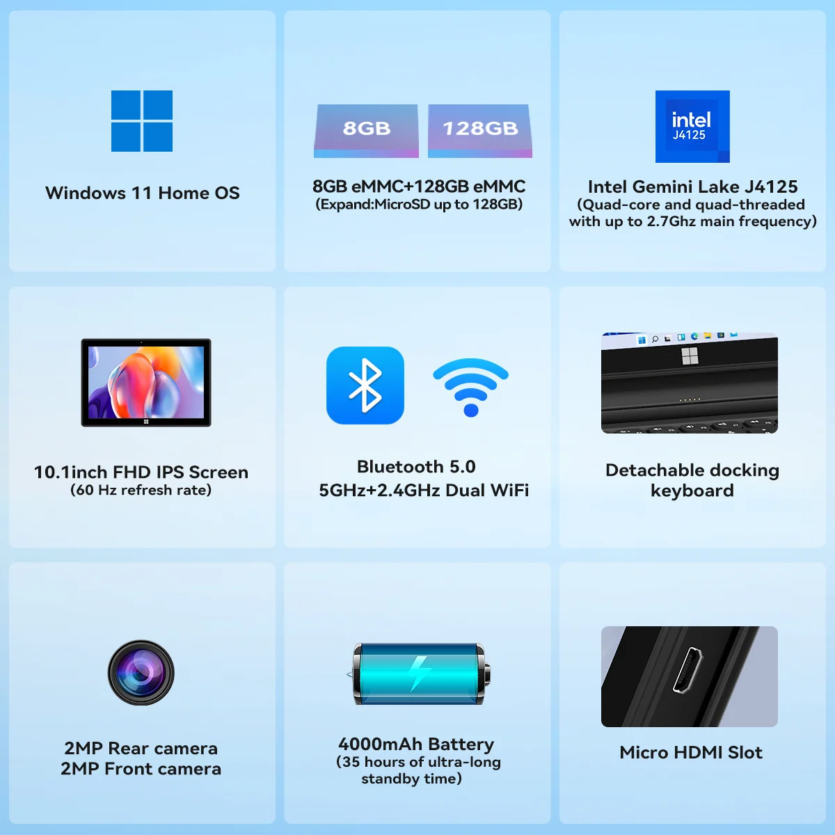 Adreamer tableta Windows de 10 pulgadas con teclado 8GB 128GB 4000mAh 2 en 1 PC tableta barata Windows 11 Intel J4125 2,4G/5G WiFi