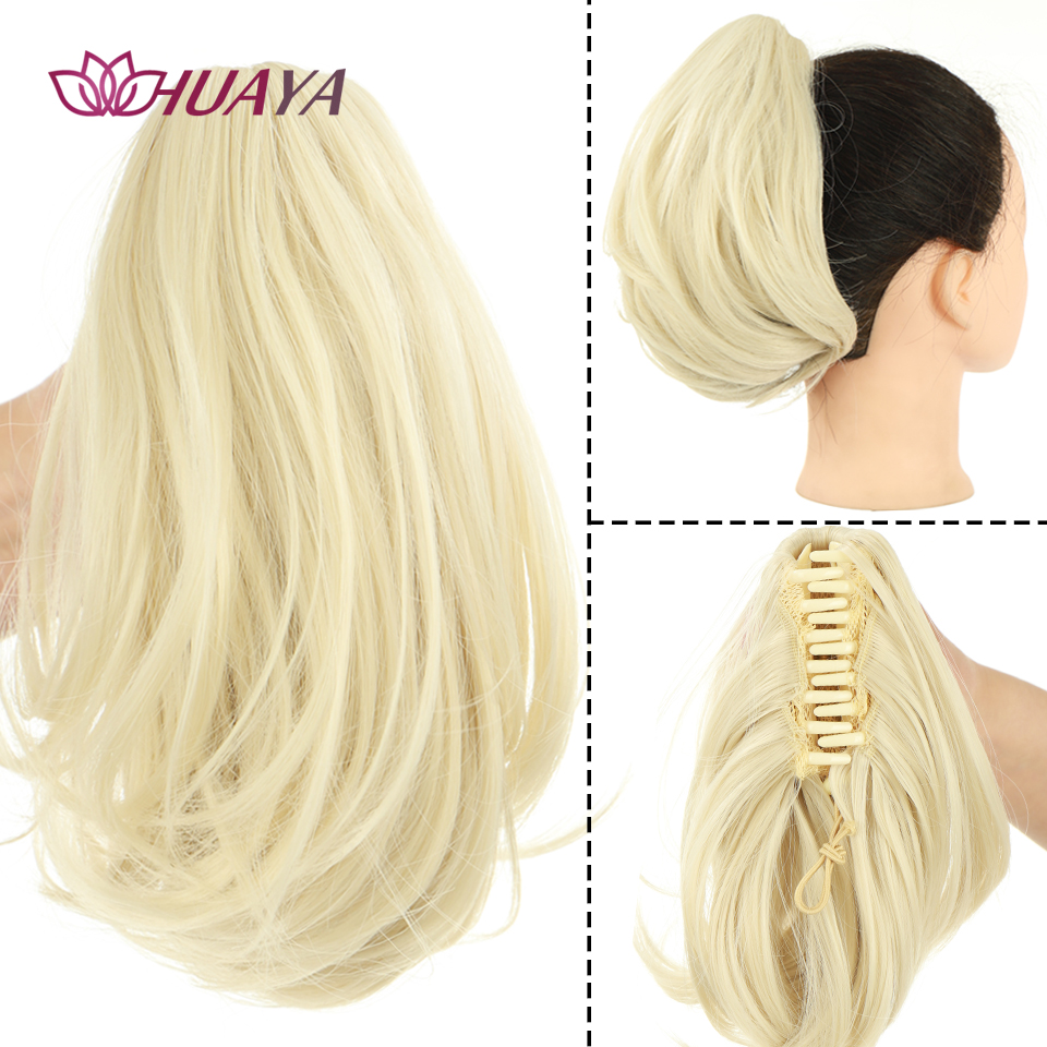 HUAYA-extensiones de cabello de cola de caballo con pinza sintética, pelo falso de cola Natural recta corta para mujer, postizo negro con cola de caballo
