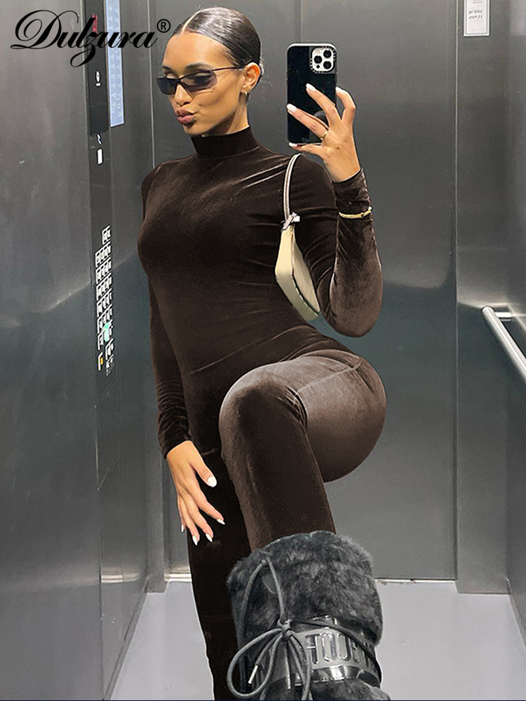 Dulzura 秋のベルベットのセクシーな Y2K 服長袖 O ネックボディコンスキニージッパージャンプスーツ女性スポーティなストリートロンパース衣装