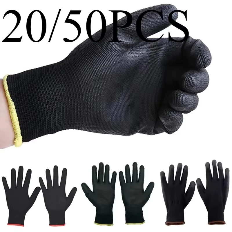 20/50 Uds revestimiento de nailon PU guantes de trabajo seguridad antideslizante revestimiento duradero Nylon PU guantes de trabajo Camping bloqueo borde Color al azar