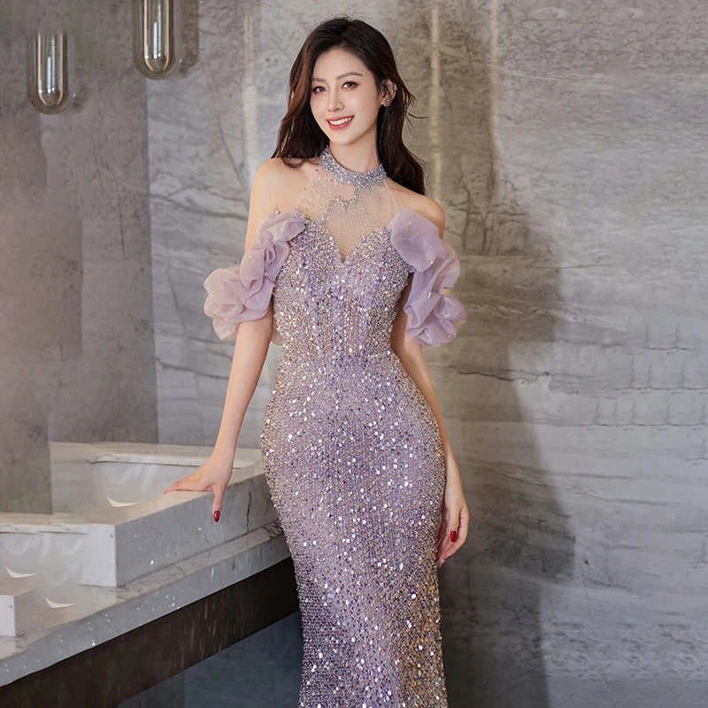 Vestido de noche de cuello de gama alta para mujer, vestido de fiesta de nicho de lujo, elegante, normalmente con lentejuelas, cola de pez, manga de princesa, nueva entrada