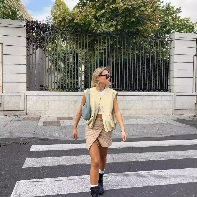 Kurze Weste für Damen, modisch, mit Reißverschluss, Weste für Damen, ärmellos, lockere Mäntel, weiblich, schick, Faltenoberteile, P Diego Diego Diego