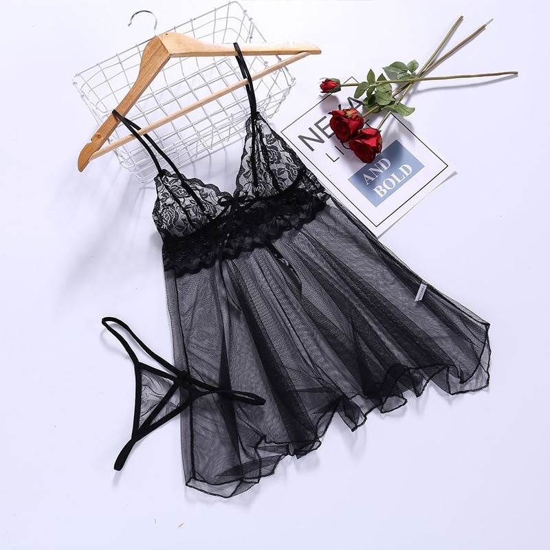 Clearance_European and American Lingerie Lace Hem Mesh Irregular See-through Front Slit Suspender Nightdress Suit_Continuous upd
