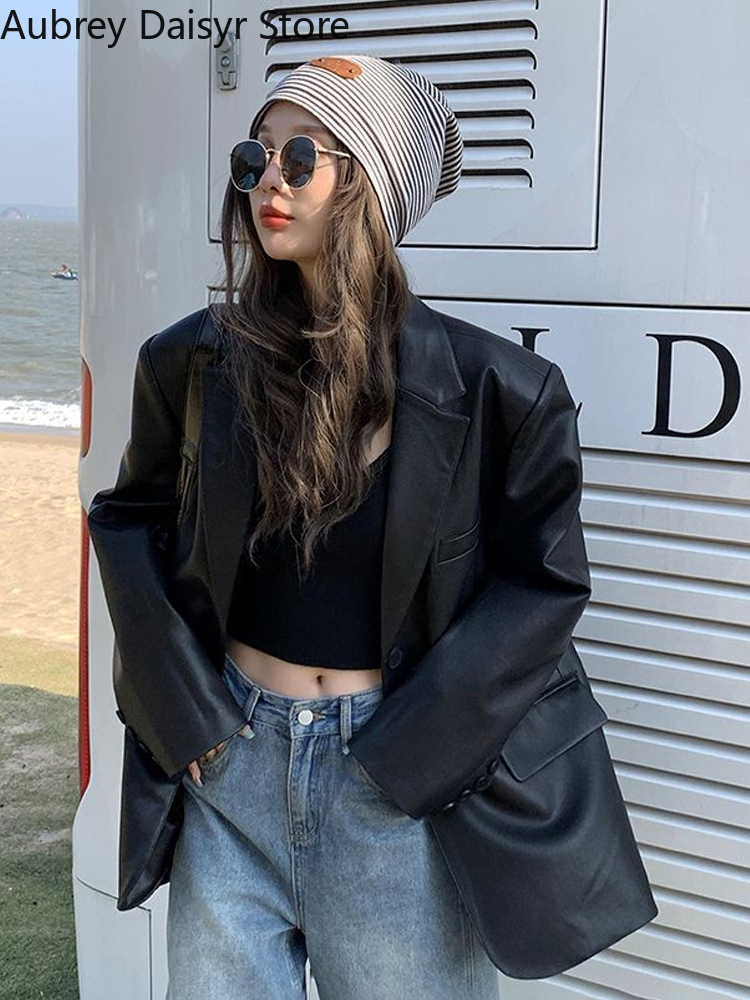 Koreanische schwarze Lederjacke Frauen Büro Dame Tasche Kunstleder Blazer Vintage lässig lose einreihige Winter warmen Mantel