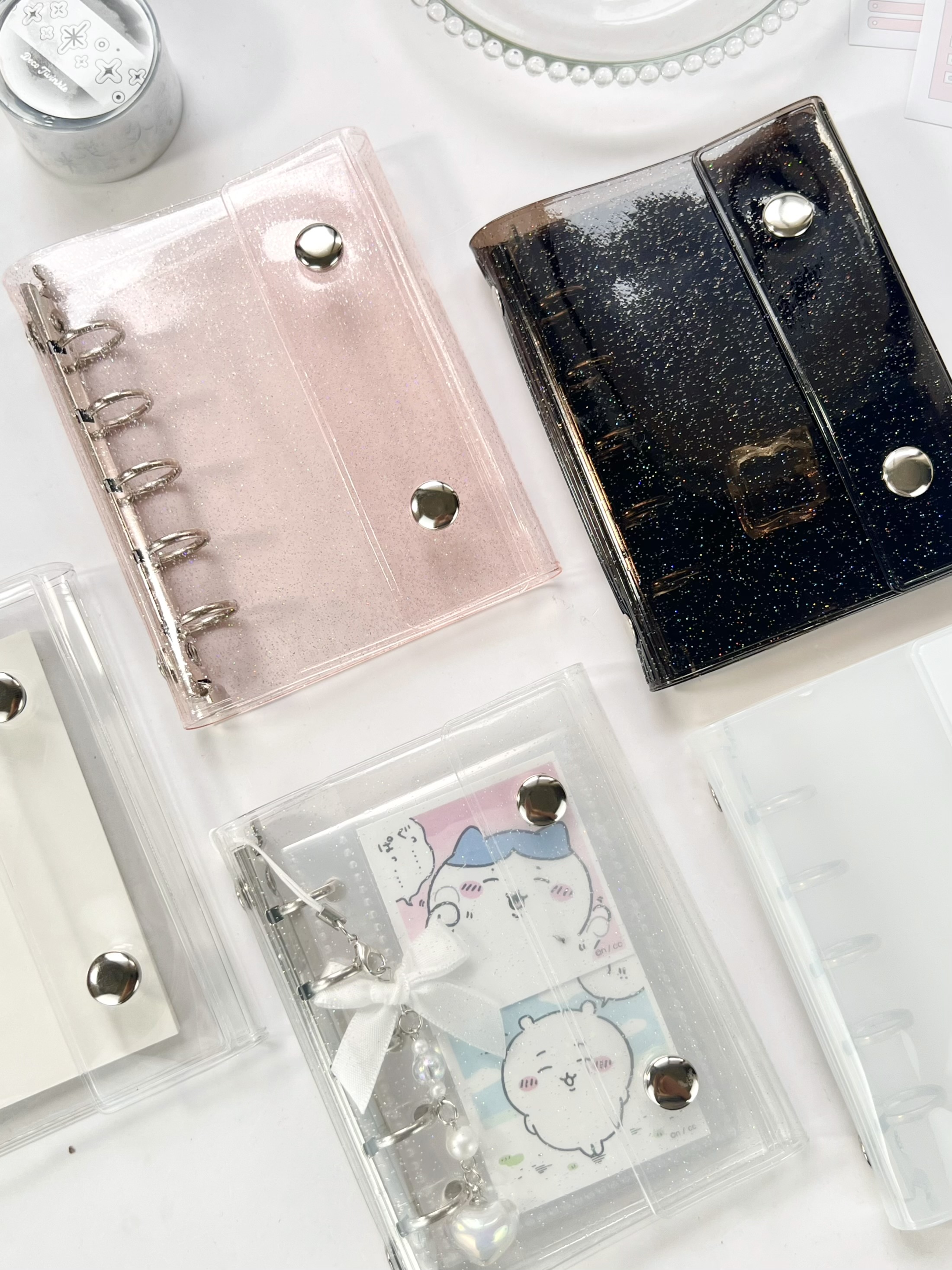 M5 5 穴グリッターピンク黒透明バインダールーズカバージャーナルスケッチブックアクセサリー日記事務用品