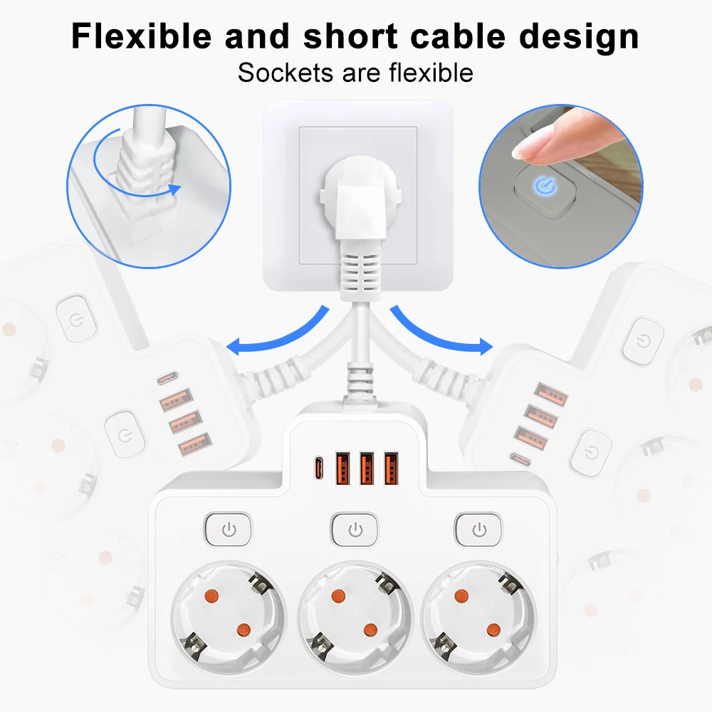 EU AC Plug Power Strip Wall Mounted Independent Switch Multitap Socket Network Filter With USB Charging Network Filter Adapter