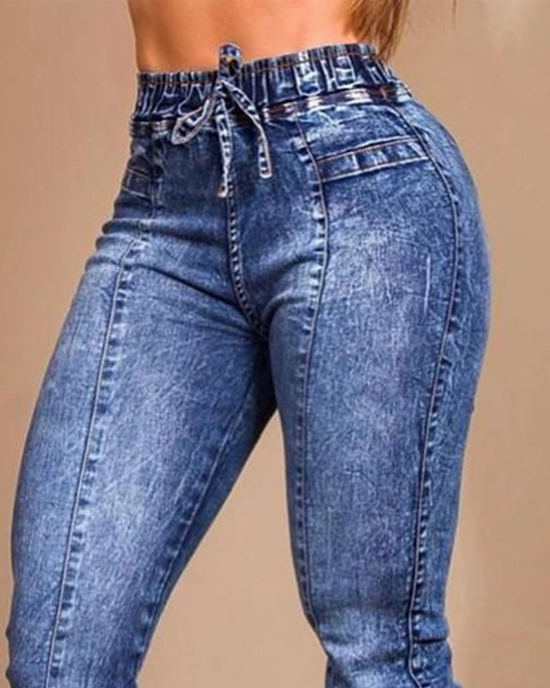 女性用単色弾性ウエストジーンズ、ポケット付きペンシルパンツ、スリムフィット、カジュアルストリートウェア、ハイストリート、フラットジッパー、秋、2023