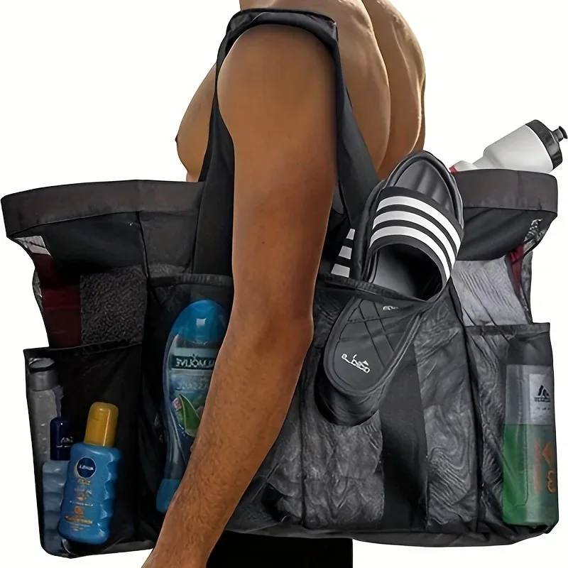 Bolsa de praia extra grande – leve, impermeável, dobrável, com alças de malha, bolsos com zíper e alças fixas