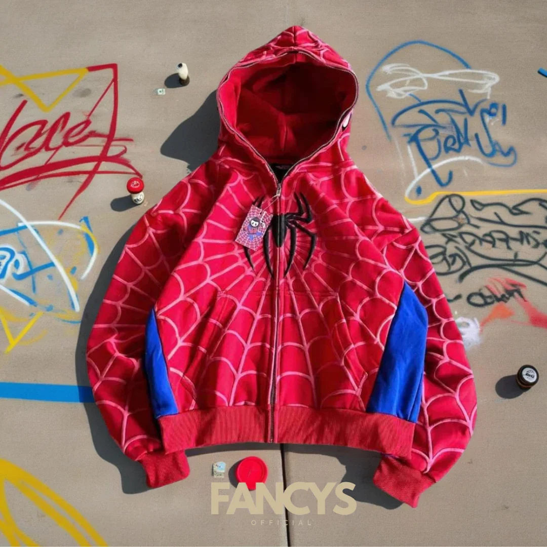 Ropa Y2k con estampado de espuma, tela de araña, Sudadera con capucha roja, cremallera, cálida, Harajuku, punk, grunge, sudadera de Hip hop para mujer