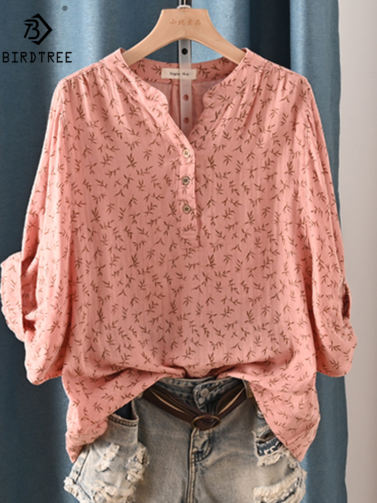 Camisa de manga Batwing casual feminina, gola com gola, top estampado, blusas soltas para menina, 100% algodão, novo, verão, primavera, verão, T447104QM