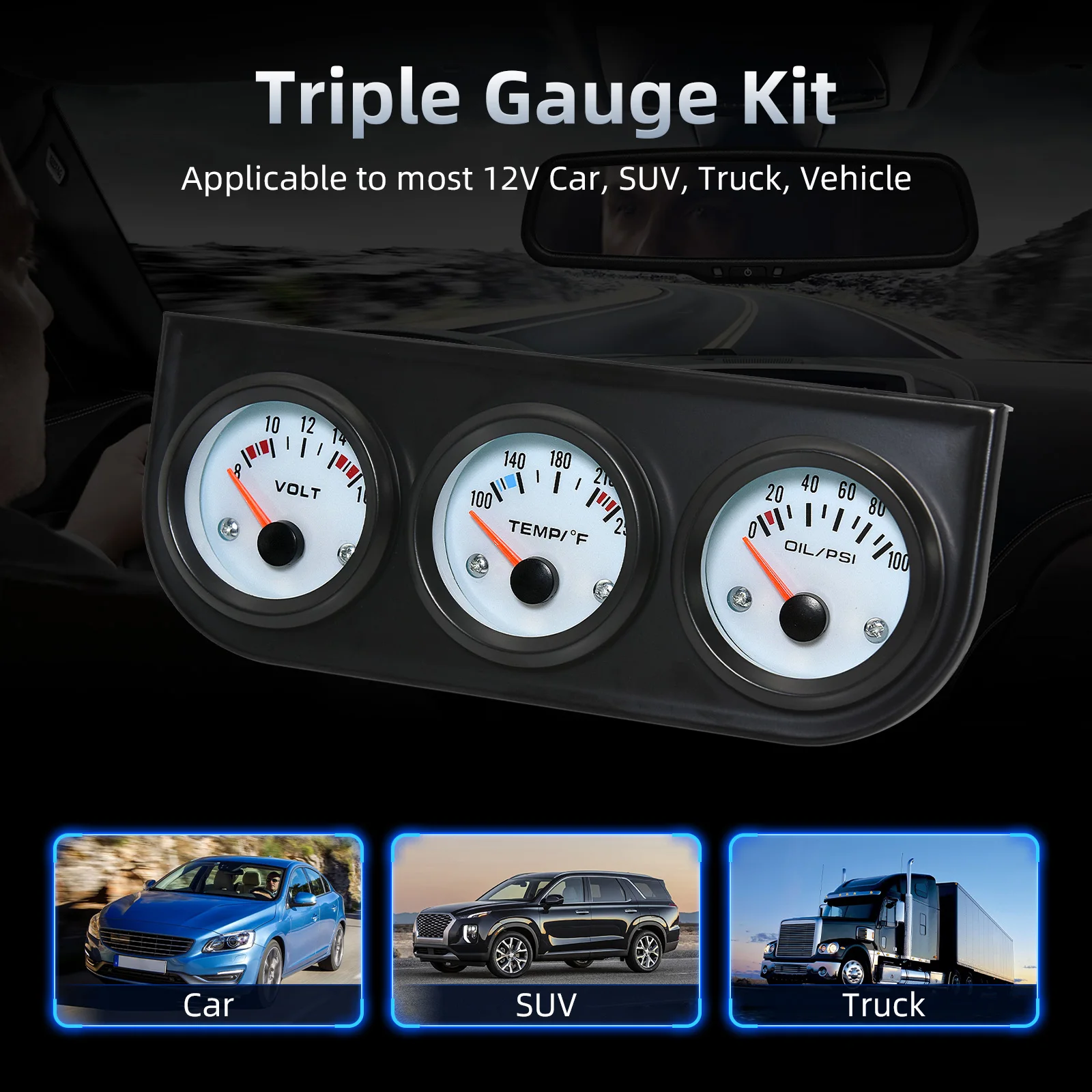 Voltímetro 3 em 1 8-16V Temperatura da água 100-250 ° Kit de medidor de pressão de óleo F 0-100psi com sensor triplo mete para caminhão SUV de carro