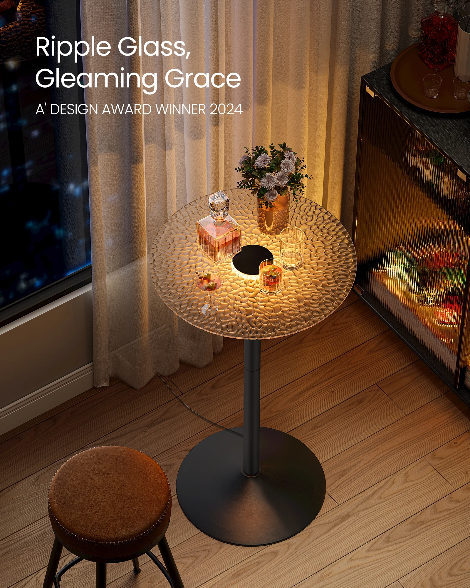 VASAGLE Bar Table, Round Cocktail Table with Multi-Colored Lights and Glass Top, Large Steel Base