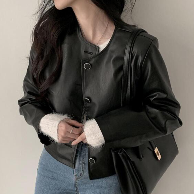 シックなヴィンテージラウンドネック長袖PUレザーバイカージャケットカジュアル多用途女性の春のファッションアウター
