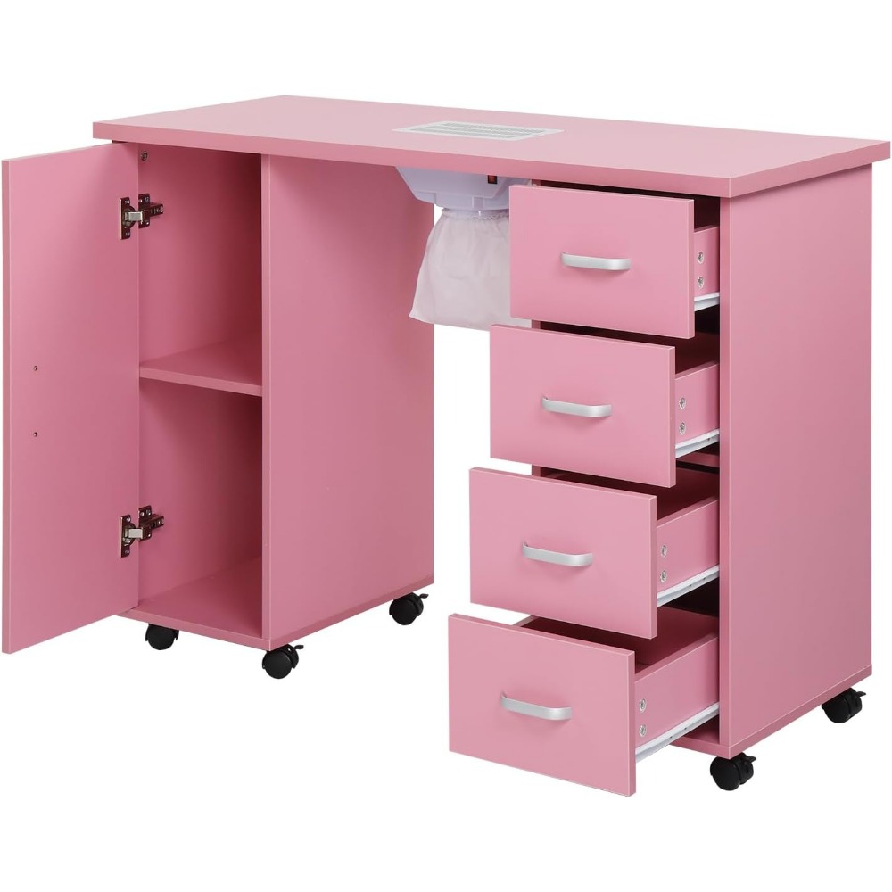 Manicure Nail Table Station, Salon Spa Nail Desk with Electric Downdraft Vent, Locking Castors, 2 Layers Storage Cabinet
