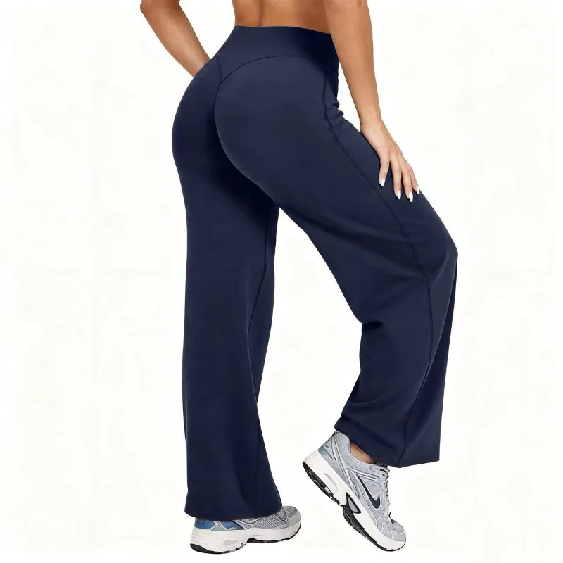 Women Plus Size Yoga Wide-leg Pants High Waist Stretchy Solid Color Leggings Naked Feel Run Pilates Sports Straight-Leg Pants