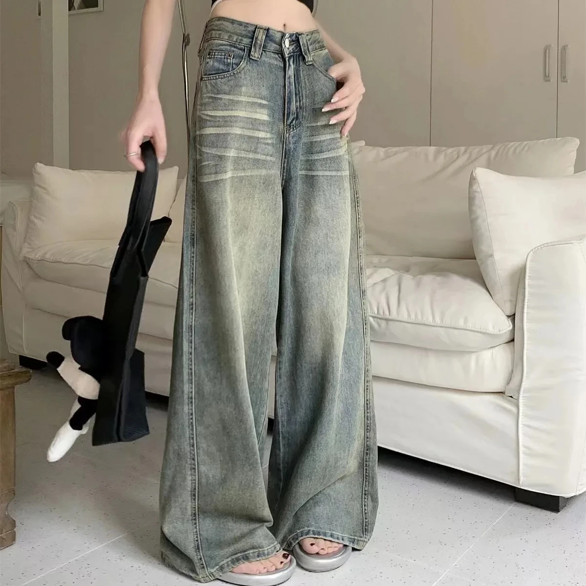 Y2K Lose Jeans mit geradem Bein, Damenhose, Baggy, breite Passform, lässig, hohe Taille, Retro, gewaschen, Vintage-Stil, Damenjeans, Jeans