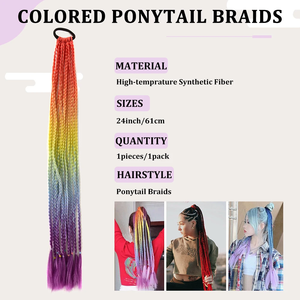 Extensão de cabelo sintético trançado colorido para mulheres, tranças coloridas do arco-íris, rabo de pônei com elástico para meninas, 24 polegadas