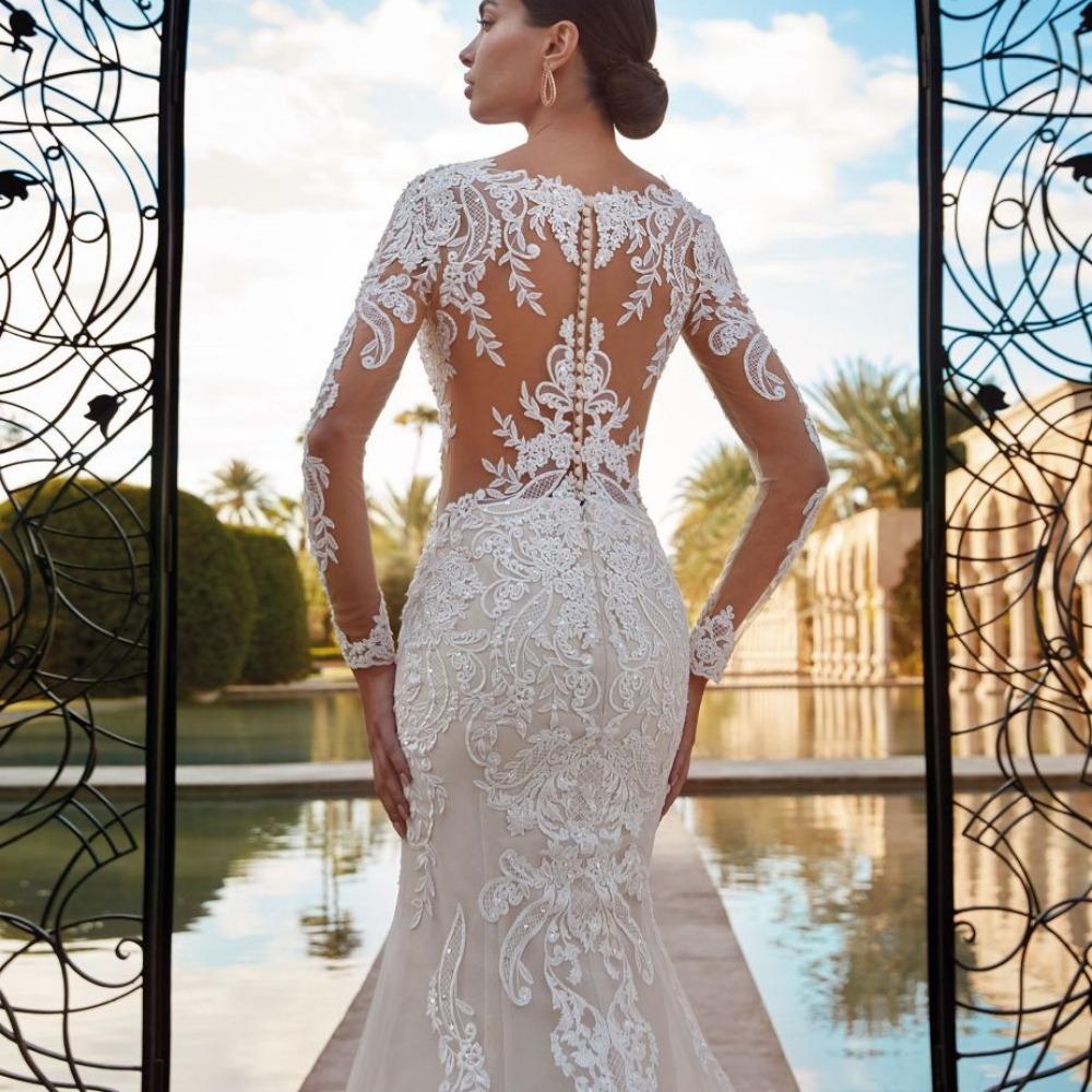Abito da sposa Boho Sheer con scollo a sirena Abito da sposa classico con applicazioni in pizzo maniche lunghe Elegante abito da sposa Robe De Mariée