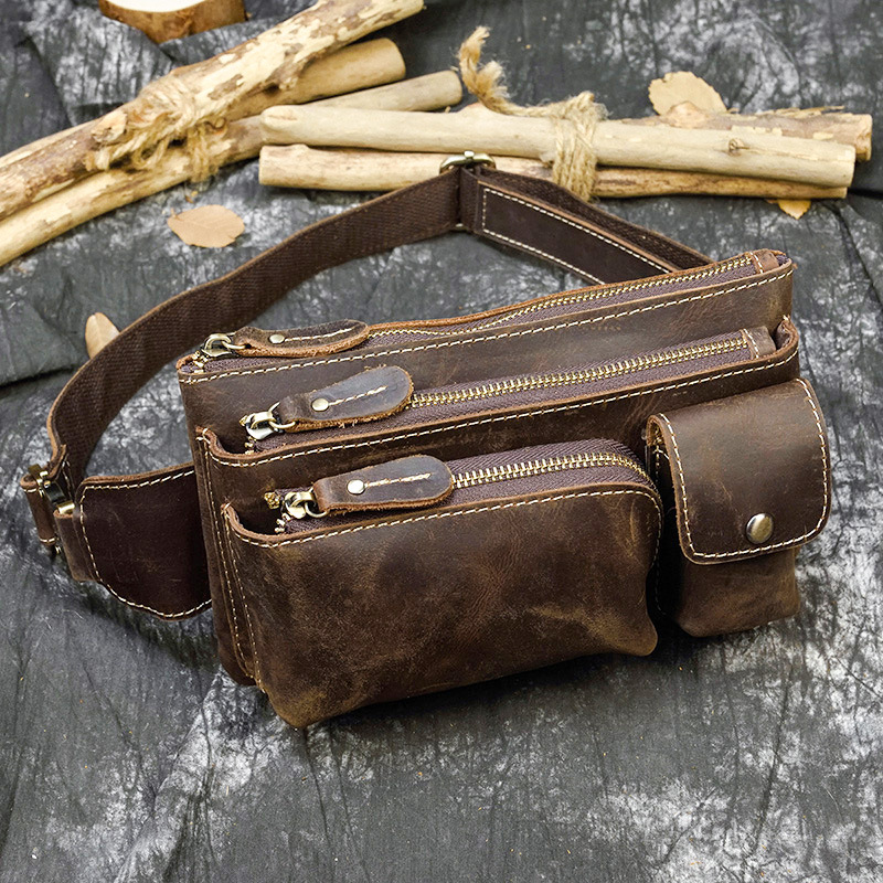 Man Genuine Leather Waist Bag Fanny Pack Fashion Chest Box Outdoor Sports Crossbody Bag Travel Male Belt Bag Hip Waist Packs