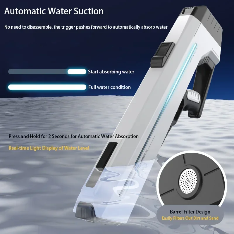 Large Automatic Shooting Water Gun Toy with LED, 2024 Adult Electric High Pressure Water Gun Summer Outdoor Swimming Pool Toys