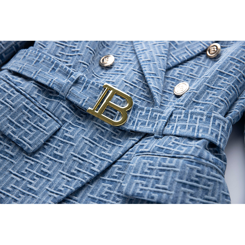 Personalizado de luxo tecido lavado por atacado padrão geométrico denim jaquetas para senhoras moda feminina blazer com cinto