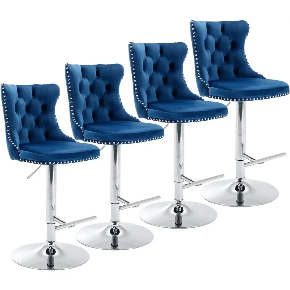 Bar Stools Set of 4 Adjustable Counter Height Barstools with High Back Button Tufted and Nailheads Trim Velvet Upholstered