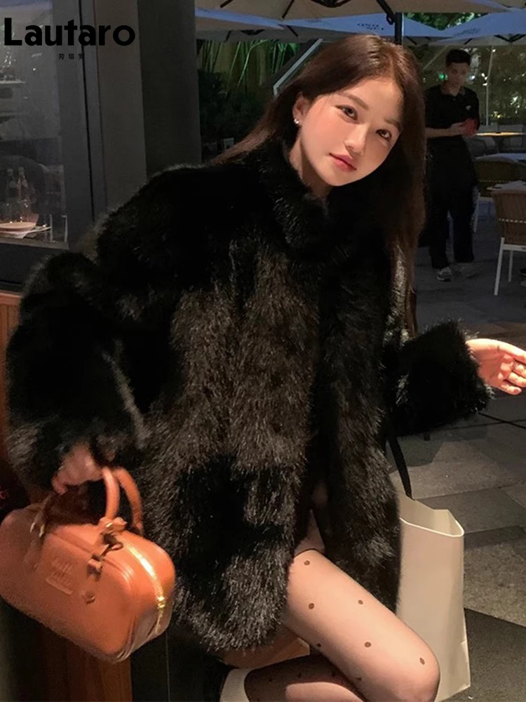 Lautaro-女性のためのフェイクフォックスファーコート、柔らかくて厚い、暖かい、ハーiryシャギー、長袖、スタンドカラー、ふわふわジャケット、黒、秋、冬、2023