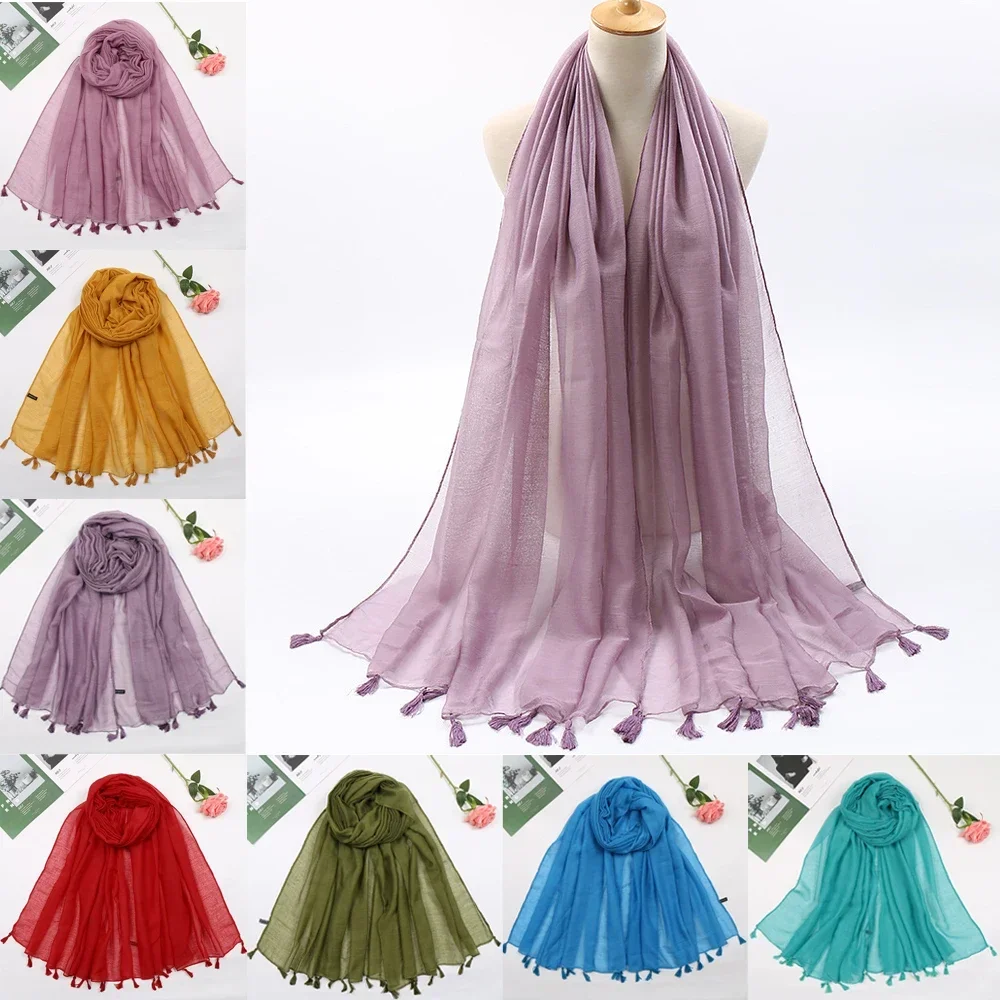 Moda feminina viscose hijab cachecol borla xale macio muçulmano bandana longo foulard pashmina femme bandanas cabeça envolve turbante mujer