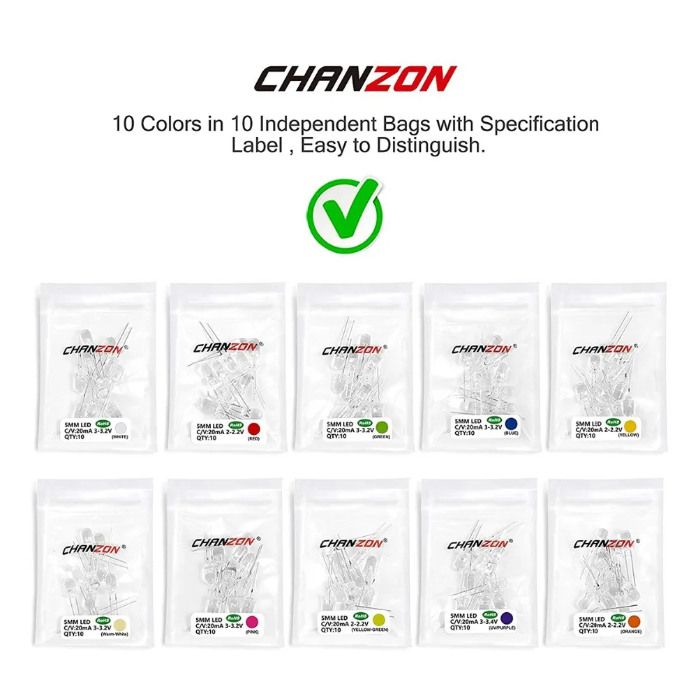 100 Viên 5Mm LED Diode Siêu Sáng Trắng Ấm Đỏ Xanh Lá Xanh Dương UV Tím Vàng Cam Hồng 2V 3V 20mA F5 Phát Ra Assortment Set