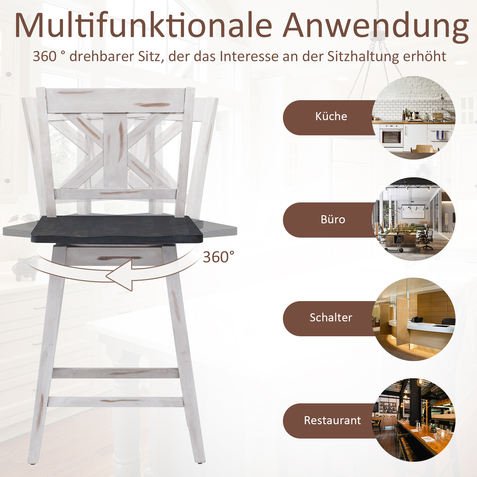 2er Set Vintage Barhocker drehbar, Tresenhocker mit Fußstütze und Lehne, Bistrohocker aus Holz, Sitzhocker, Barstuhl für