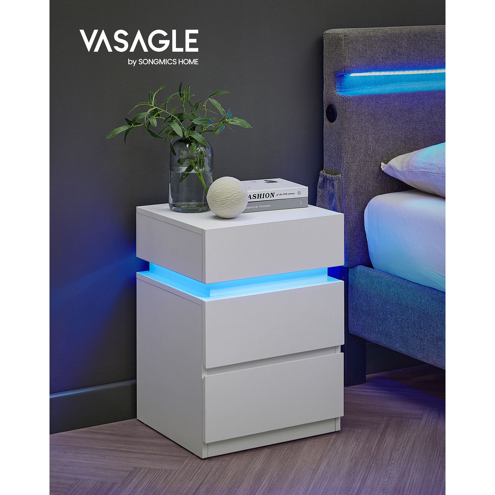 VASAGLE Mesita de Noche con Tira de Luz LED Multicolor Variable, 3 Cajones, Mesa Auxiliar, Estilo Moderno, 35 x 40 x 55 cm, Negro con Veta de Madera/Blanco
