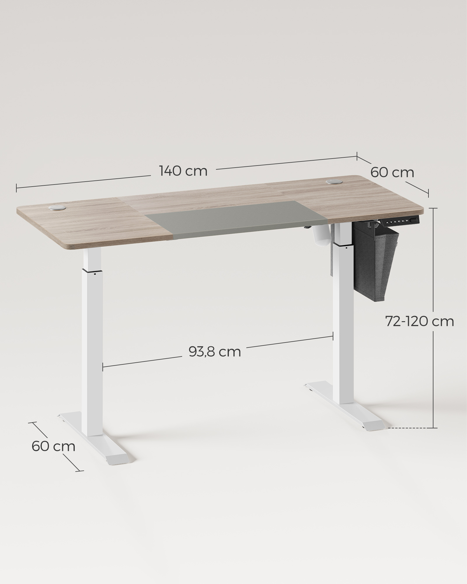 SONGMICS In hoogte verstelbaar bureau elektrisch, 60x140 x (72-120) cm, continu verstelbaar, gesplitste plaat