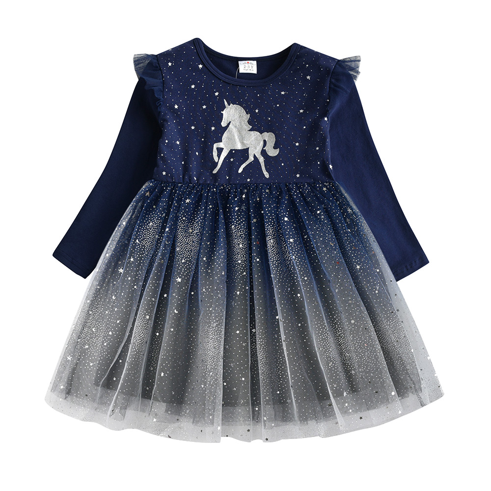 VIKITA, vestido de otoño y primavera con mangas acampanadas para niñas, vestido de dibujos animados de Licorne, vestidos de princesa azul marino para fiesta de cumpleaños con gradiente para niños