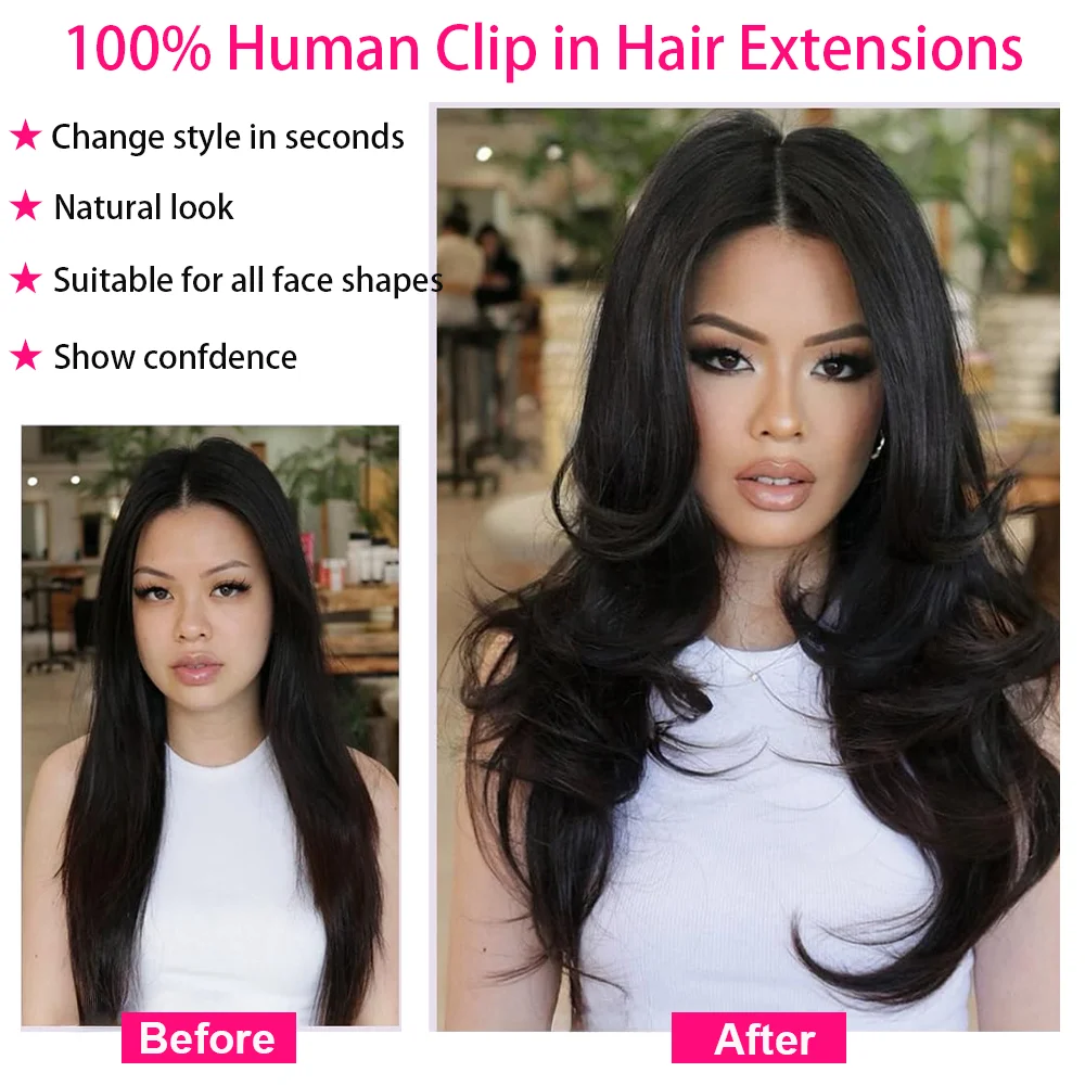 Grampo em extensões de cabelo em linha reta por conjunto com 18 clipes 120g trama dupla virgem 100% cabelo humano cor preta natural para mulher