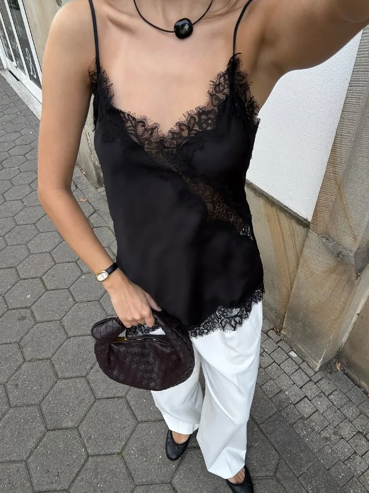 Tossy Lace Printed V-Neck Camisole Female Patchwork Backless Sexy Summer 2025 Fashion Cropped Y2k Top Women's Lace Tank Top Tee