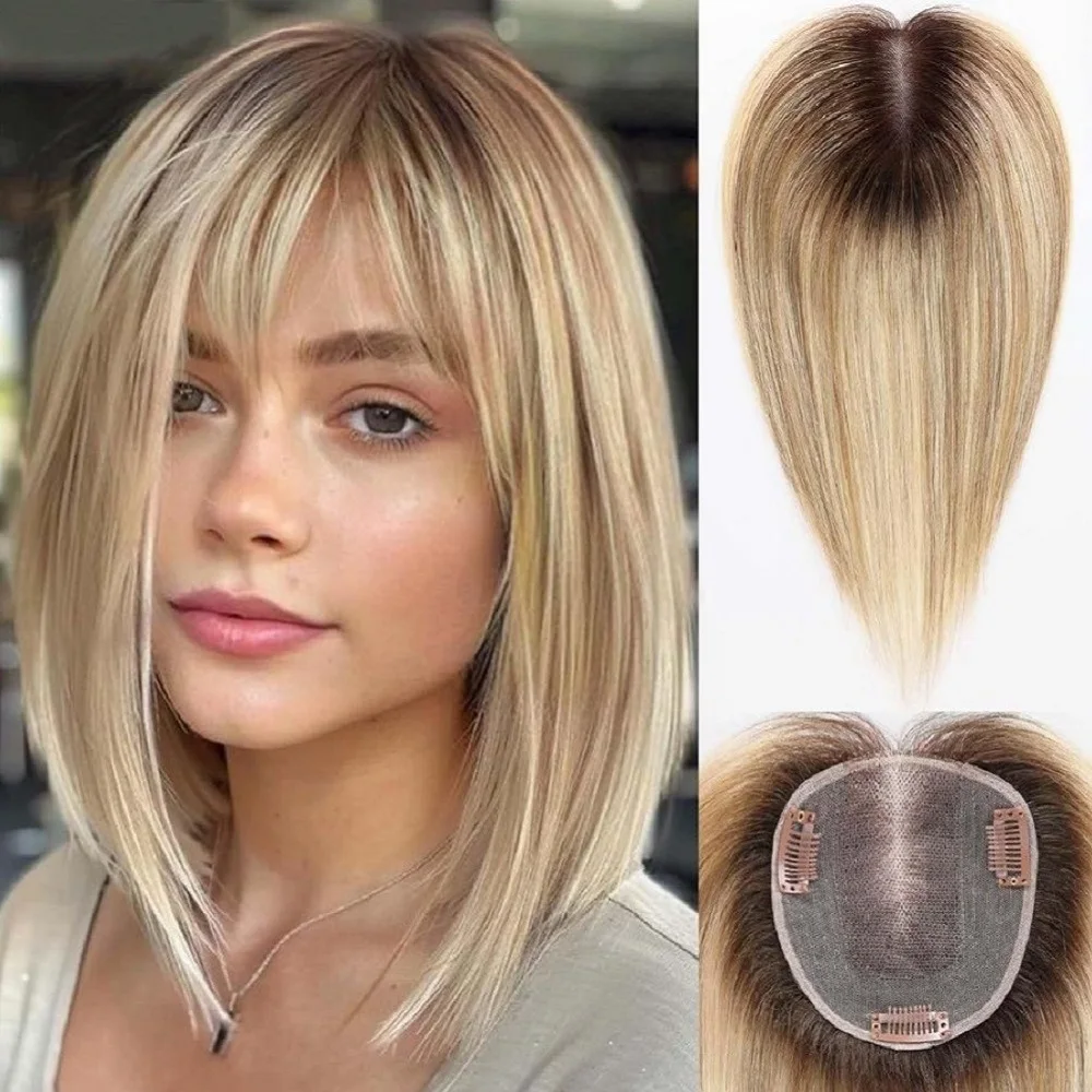Toppers de cabelo humano loiro marrom de 12 polegadas para mulheres com desbaste de cabelo 3 clipes base de renda de seda em toppers de cabelo humano real
