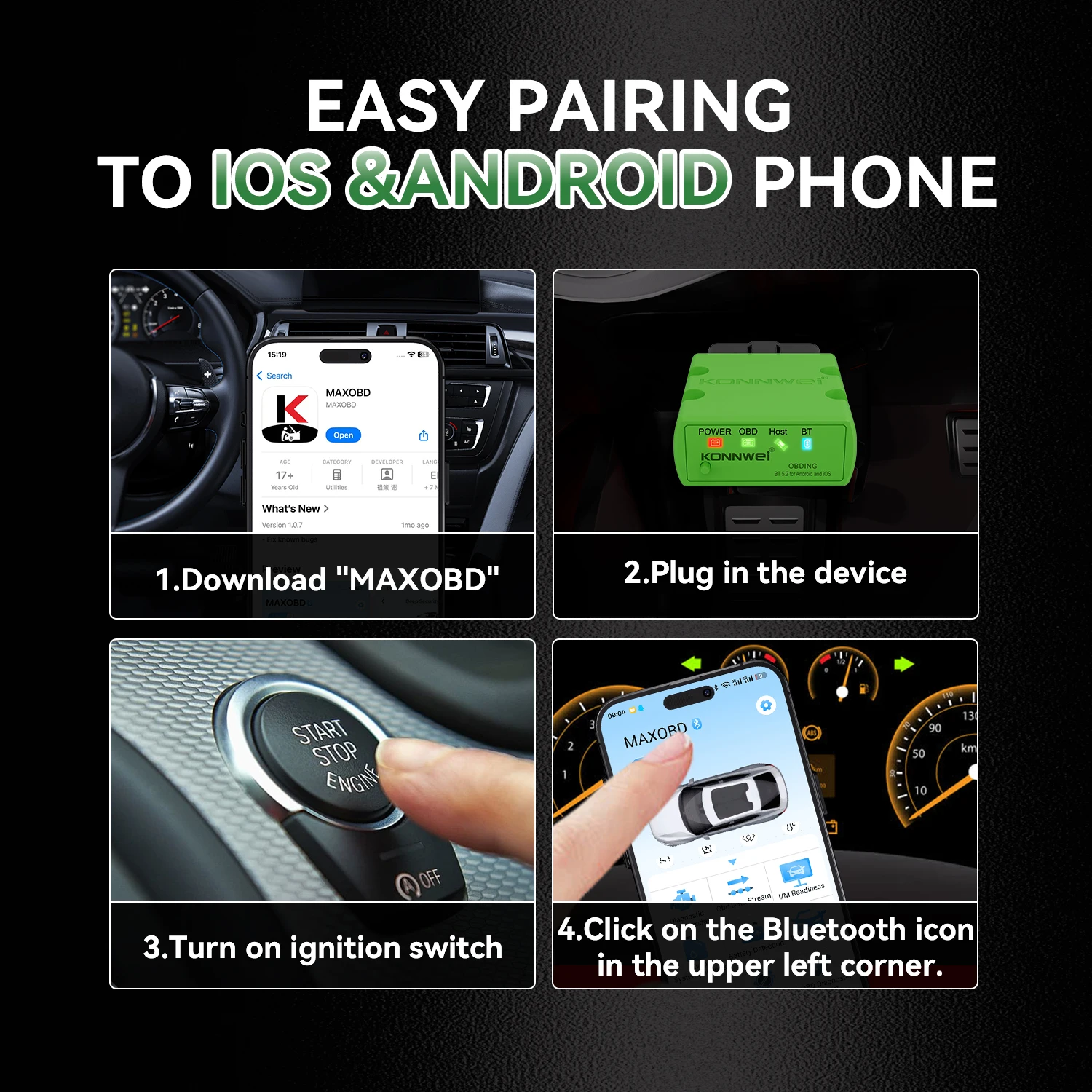 Konnwei 12v ferramenta de diagnóstico obd do carro com conexão bluetooth maxobd código de falha do motor folga quadro de congelamento carro obd2 ferramenta de verificação