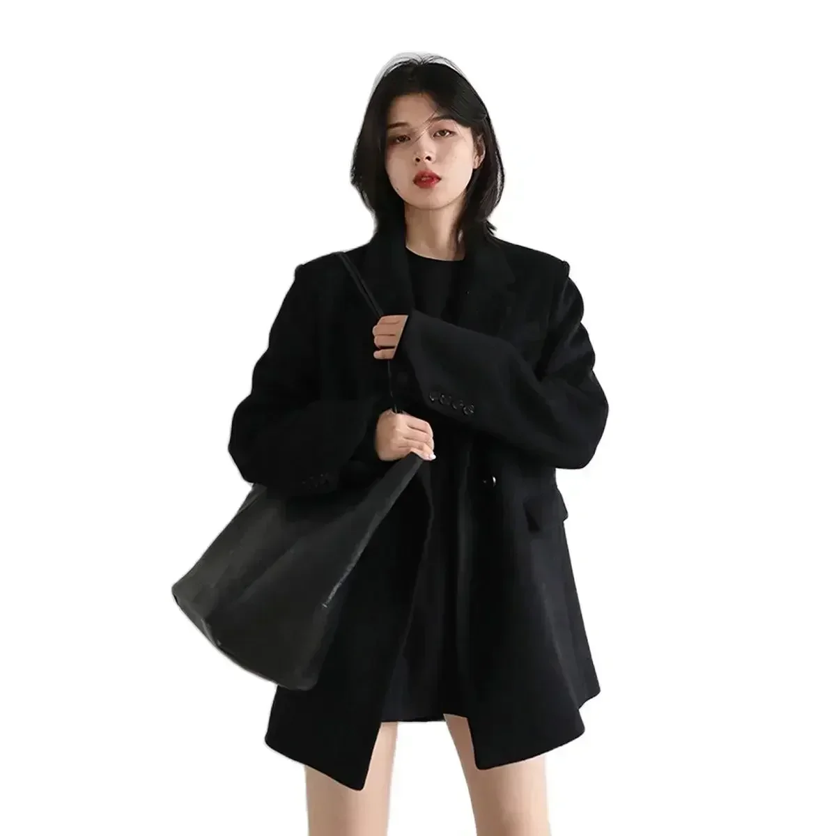 CHIC VEN-abrigo de mezcla de lana para mujer, Blazer de lana medio largo liso, blusa gruesa y cálida, abrigo para mujer, Tops de oficina para mujer, Otoño Invierno