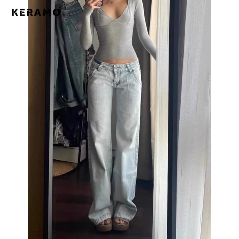 Light Blueต่ําเอวกางเกงยีนส์ผู้หญิงStreetwearอเมริกันVINTAGE DENIMกางเกงหญิงสบายๆล้างตรงPantalons Mujerฤดูใบไม้ร่วง 2024