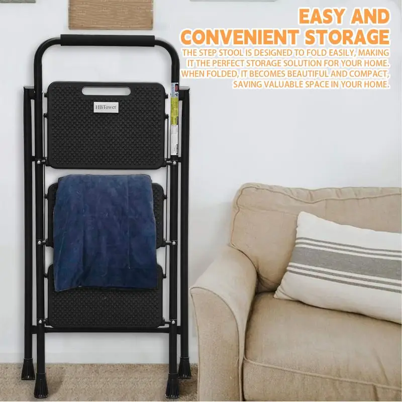 Step Ladder Ergonomic Step Stool with Handle Foldable Ladder Non-slip 3-Step Portable Step Ladders Wide Pedals Closet Stool