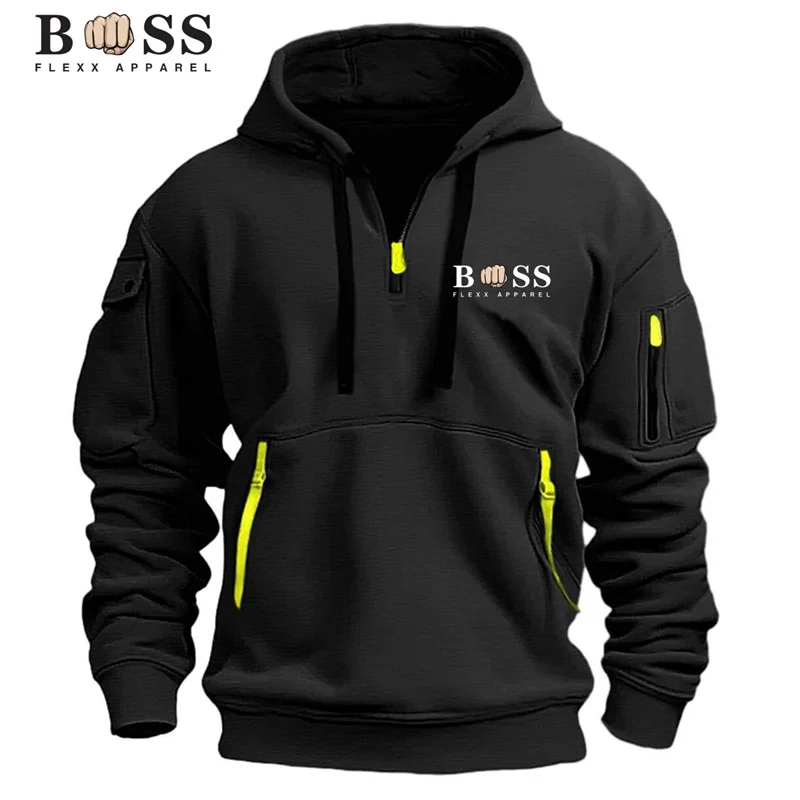 เสื้อสเวตเตอร์มีฮู้ดผู้ชาย,เสื้อสวมหัวกีฬาลําลอง,ซิปแขนยาวฮาราจูกุย้อนยุค,หลายกระเป๋า,แจ็คเก็ตหลวมลําลอง,Stre