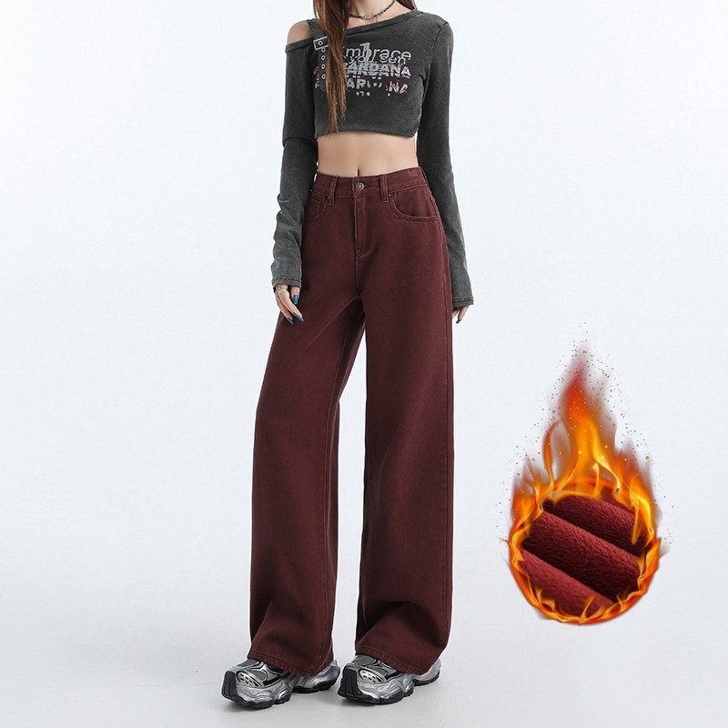 FINEWORDS Retro Angela สีแดงฤดูหนาวกางเกงยีนส์ผู้หญิง Thicken แคชเมียร์สูงเอวกางเกงยีนส์ Streetwear สบายๆขากว้างกางเกง