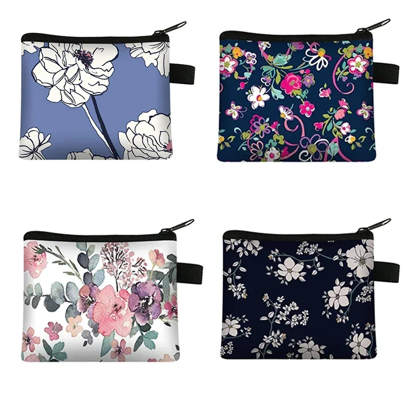Blumendruck Kleine Kosmetiktasche Mädchen Frauen Damenbinde Aufbewahrung Organizer Tasche Münze Karte Geld Kopfhörer Lippenstift Halter Beutel