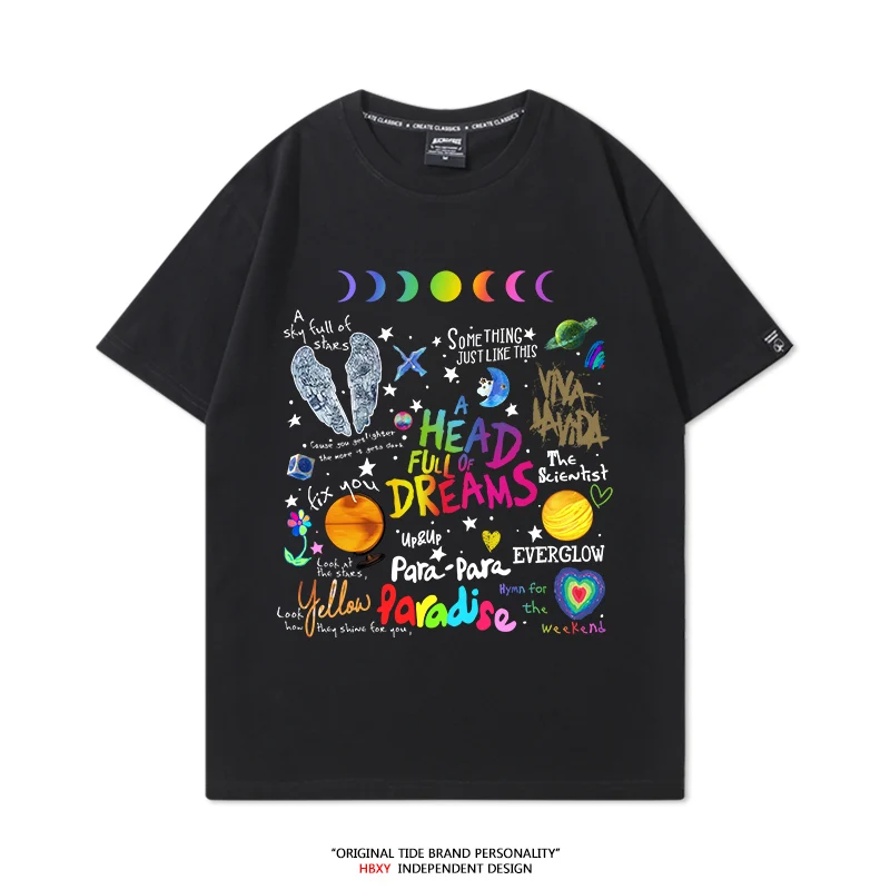 Coldplay banda em torno de algodão camiseta verão novo masculino e feminino 2025concerto tour roupas de manga curta tendência rock street solto topo