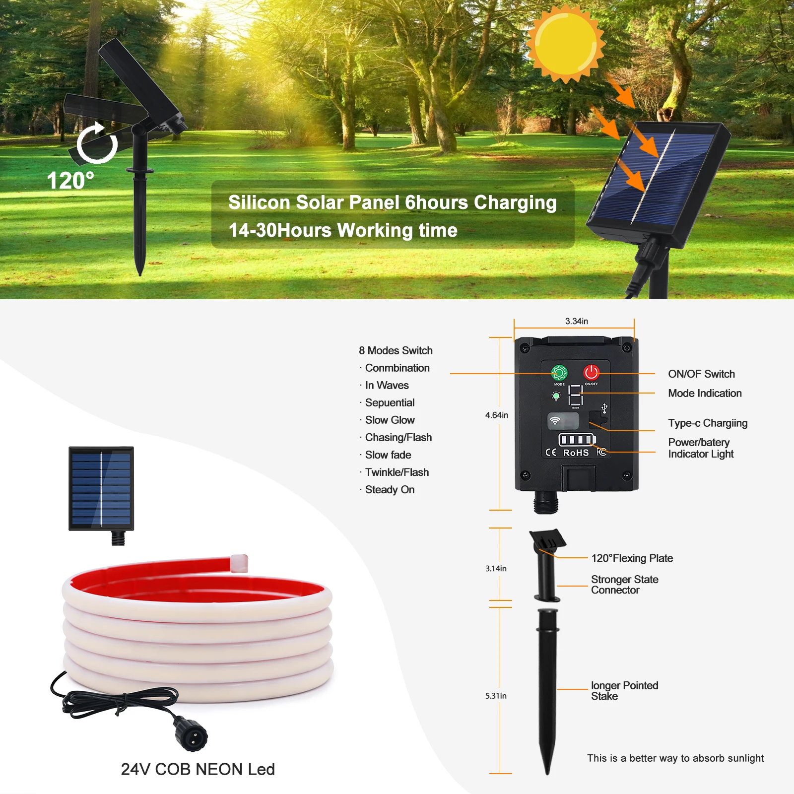 DC24V Solar COB Neon Strip IP68 Waterproof 320Leds/M Red/Yellow/Blue/White Flexible Ribbon Rope Light Dimmable Linear Lighting