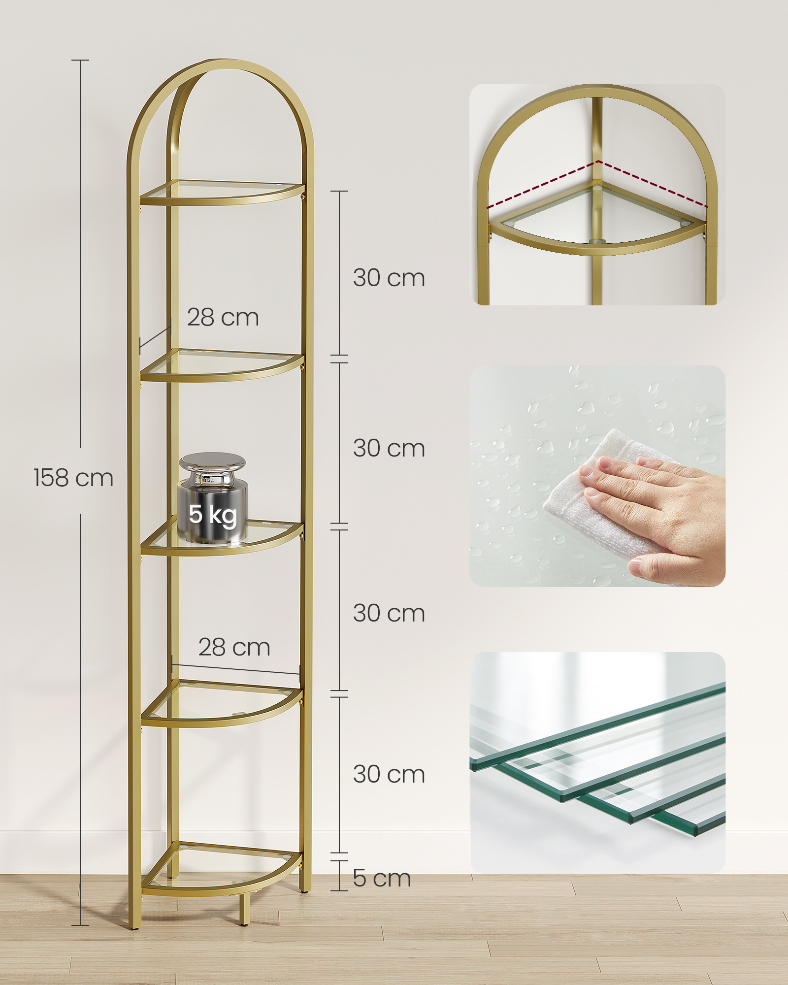 VASAGLE Eckregal, Standregal mit 5 Etagen, Metall, Hartglas