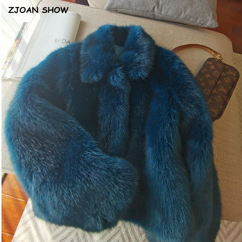 Winter Vintage Cabry Blue Hairy Shaggy Faux Pelzmantel The Spice Girls Volle Hülse Revers Pelzige Warme Jacke Frauen Kurze Outercoat