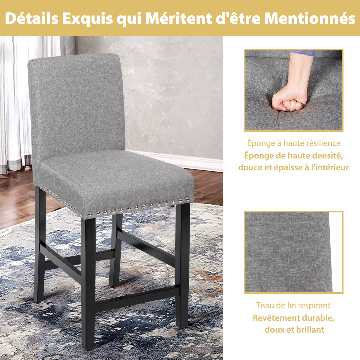 Chaises Salle Manger Lot de 2, Tabouret de Bar en Lin Rembourrées avec Haute Dossier, Pieds en Bois d'Hévéa, Design Rivets, Hauteur d’Assise 45 Cm, Fauteuil Salle a Manger pour Cuisne, Salon
